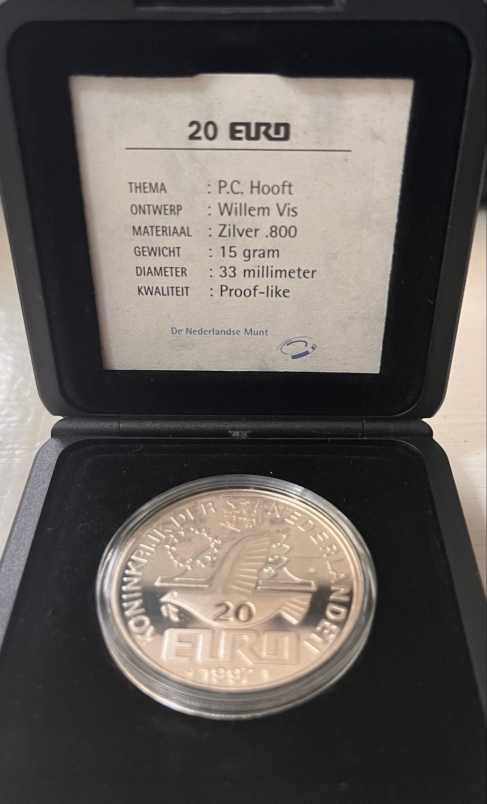 Zilveren 20 Euro munt P.C. Hooft 1997 - Proof-like, Postzegels en Munten, Munten | Nederland, Verzenden, Koningin Beatrix, Zilver