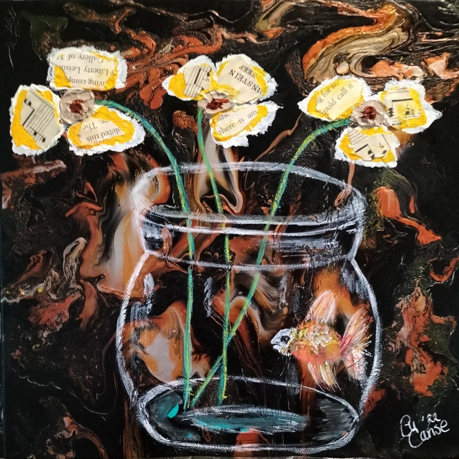 schilderij goudvis in bloemenvaas, Ophalen of Verzenden, Nieuw, Minder dan 50 cm, Schilderij