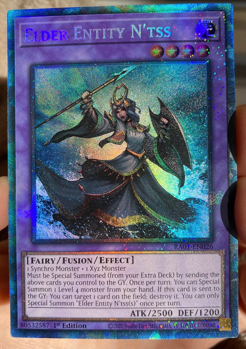 Yu-Gi-Oh! Elder Entity N'tss RA01 1st Edition Collectors !, Ophalen of Verzenden, Zo goed als nieuw, Losse kaart, Foil
