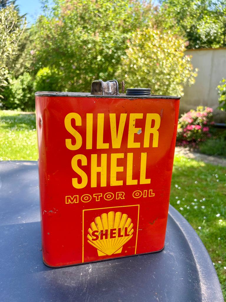 Olieblik olie blik oil can Silver shell mancave motor oil, Ophalen of Verzenden, Zo goed als nieuw, Verpakking