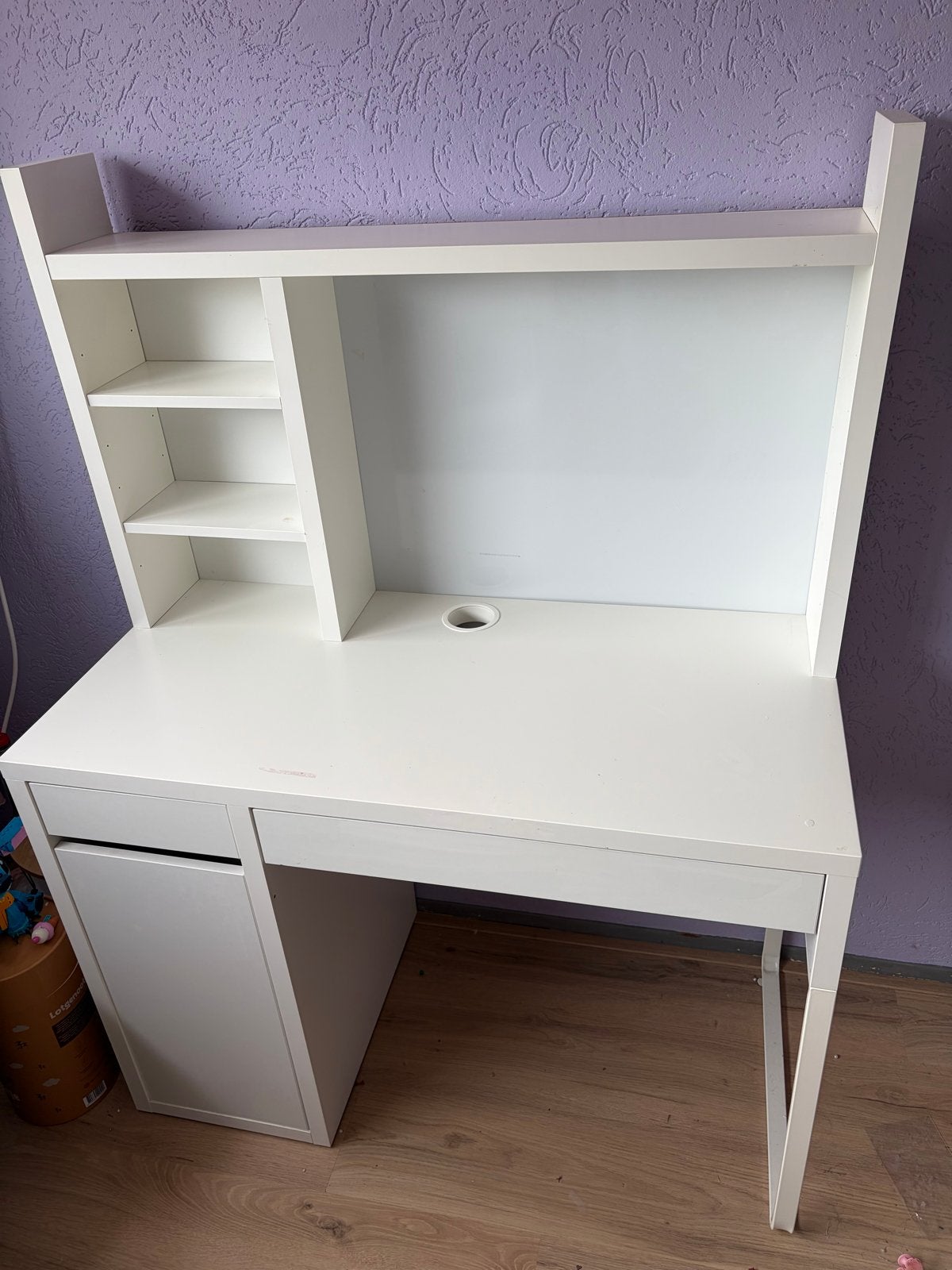 Wit bureau met opbouw en opbergruimte, Ophalen, 105 cm, Gebruikt, Met lades