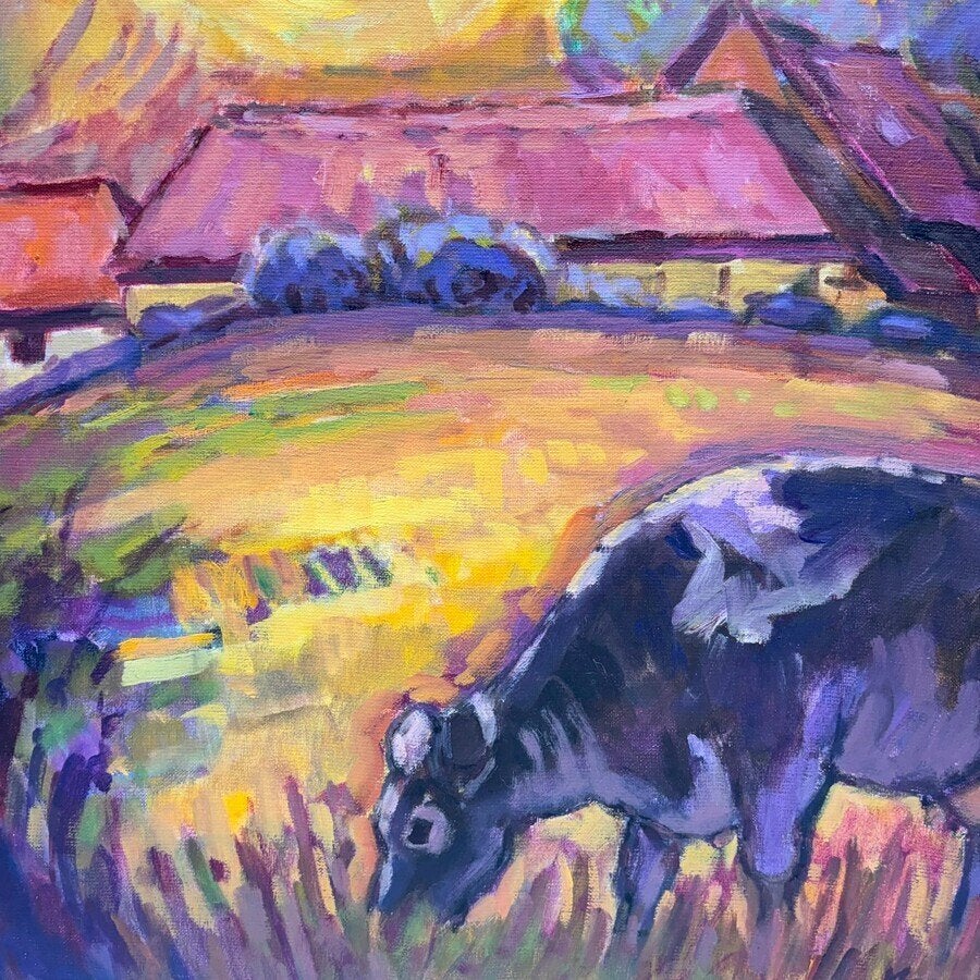 Mary Koekenbier (1951) - grazende koe bij avondrood, Ophalen of Verzenden