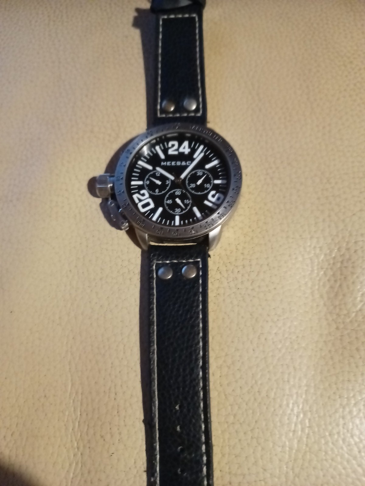 Herenhorloge Mees & Co, robuust design, zwart leer, Overige merken, Staal, Polshorloge, Ophalen of Verzenden
