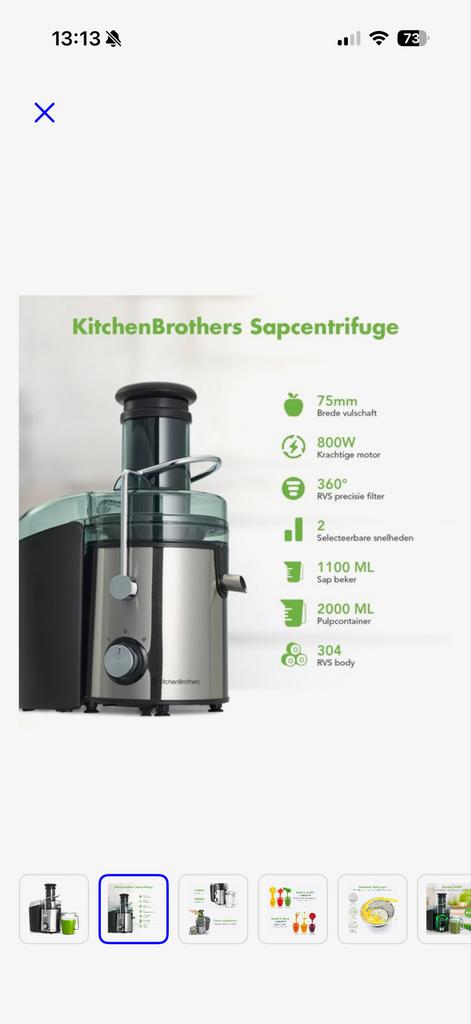 KitchenBrothers Sapcentrifuge - Krachtige Juicer 800W, Ophalen, 1 tot 2 liter, 2 snelheden, Nieuw