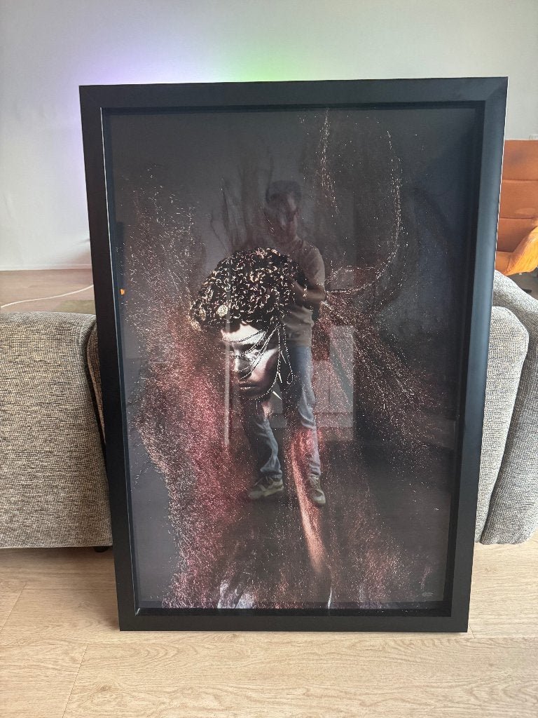 Groot fotokunstwerk op plexiglas 88x128 cm, zwarte lijst, 128 cm, Zwart, Decoratieobject, Zo goed als nieuw