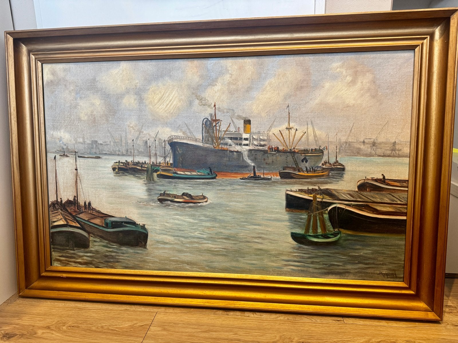 Olieverf schilderij van de 20eeuwse Rotterdamse Haven, Antiek en Kunst, Ophalen, Maritiem / water, Doek, Realistisch
