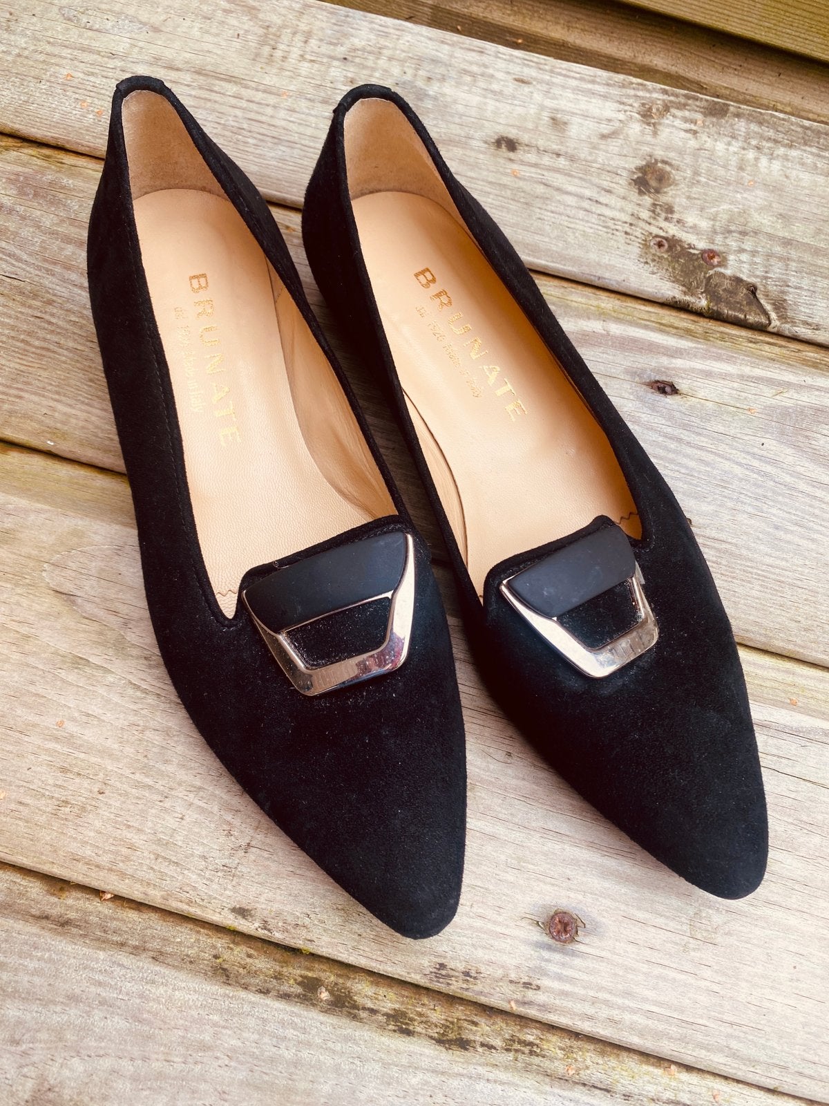 Brunate zwart suede instappers maat 38.5, Ophalen of Verzenden, Zo goed als nieuw, Instappers, Zwart