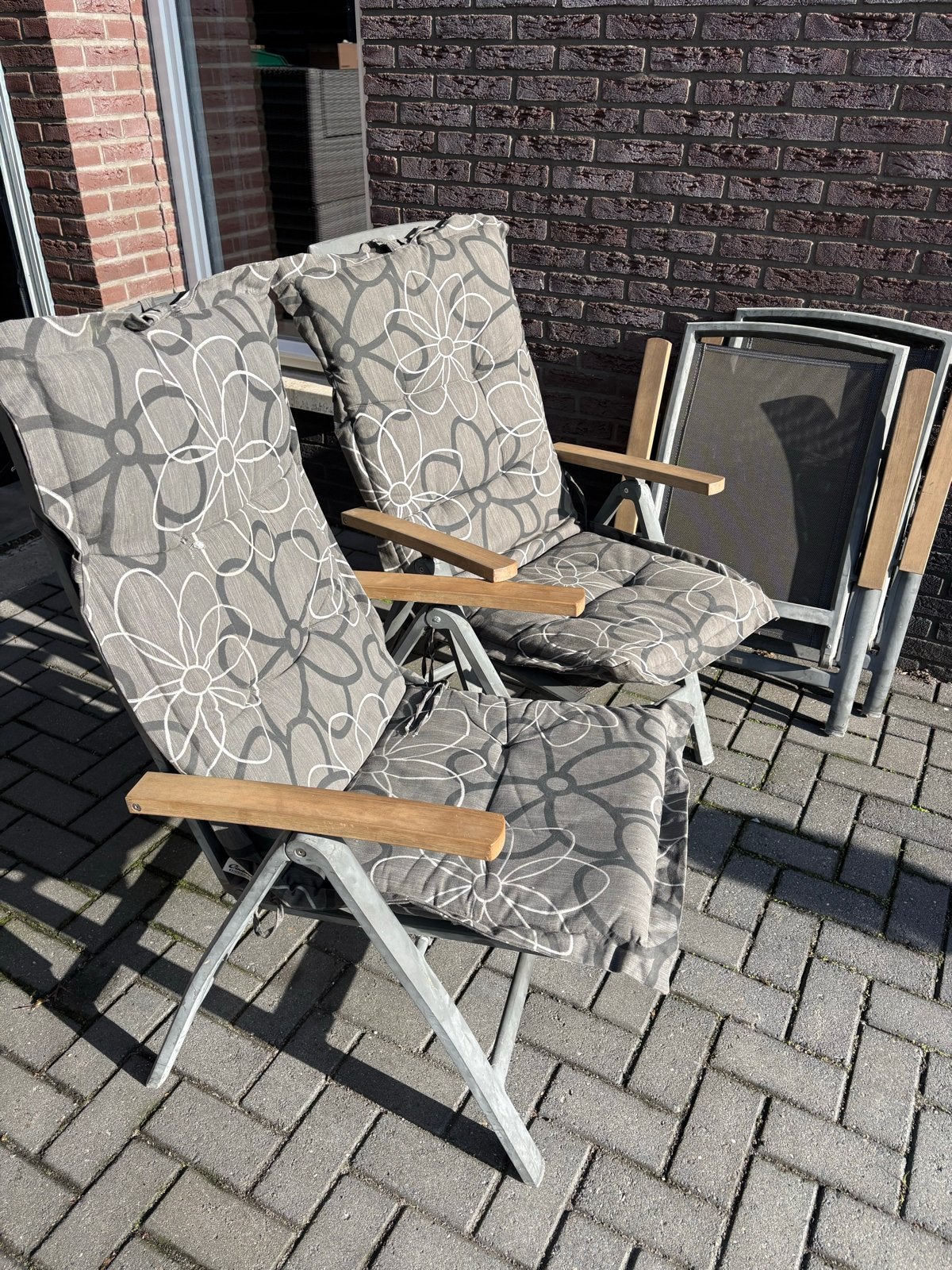4 Verstelbare tuinstoelen met kussens, Tuin en Terras, Ophalen, Gebruikt, Metaal, Inklapbaar