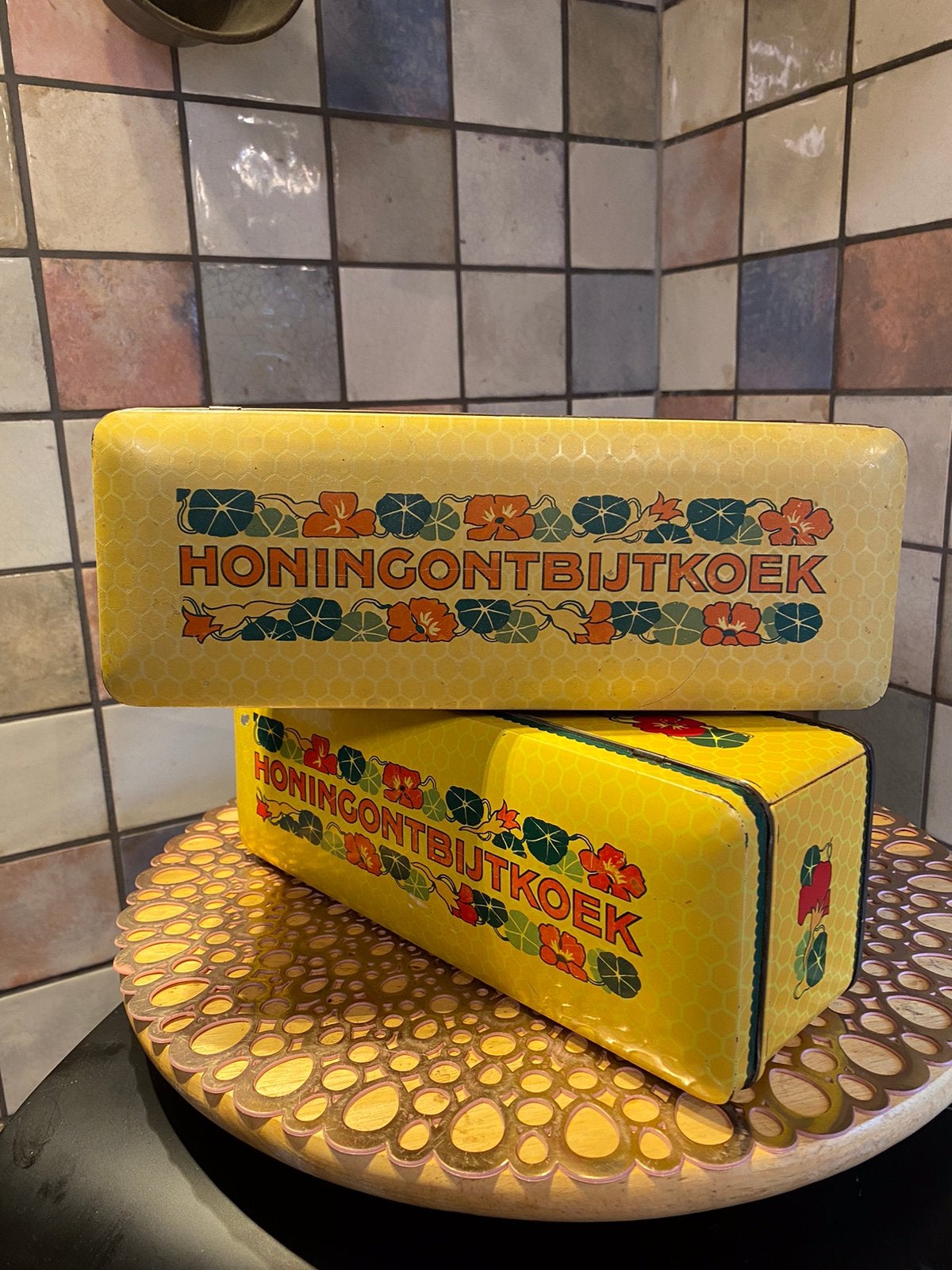 Verkade,Zaandam,2 vintage koektrommels,lxbxh 28,5x9x10.5 cm, Verzamelen, Ophalen of Verzenden, Zo goed als nieuw, Koek(jes), Verkade