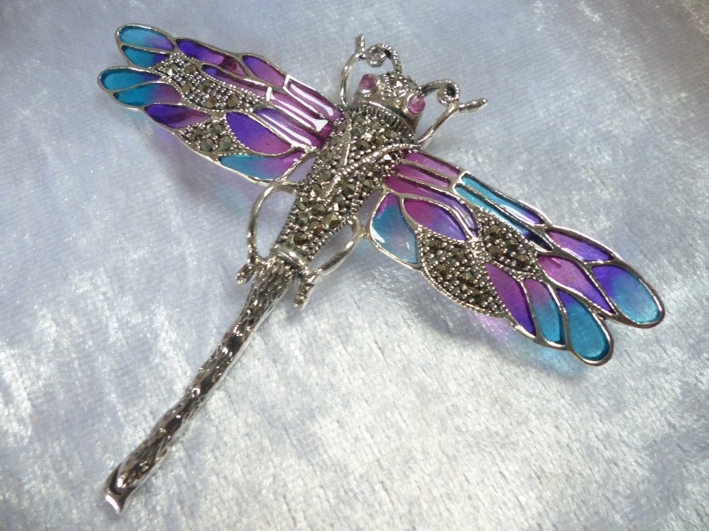 Prachtige Grote Zilveren Tiffany Broche - Libelle, Verzenden, Zilver, Broche, Met edelsteen