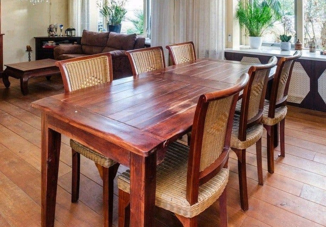Stevige eettafel 205 x 96 cm incl. 6 stoelen, Ophalen, Gebruikt