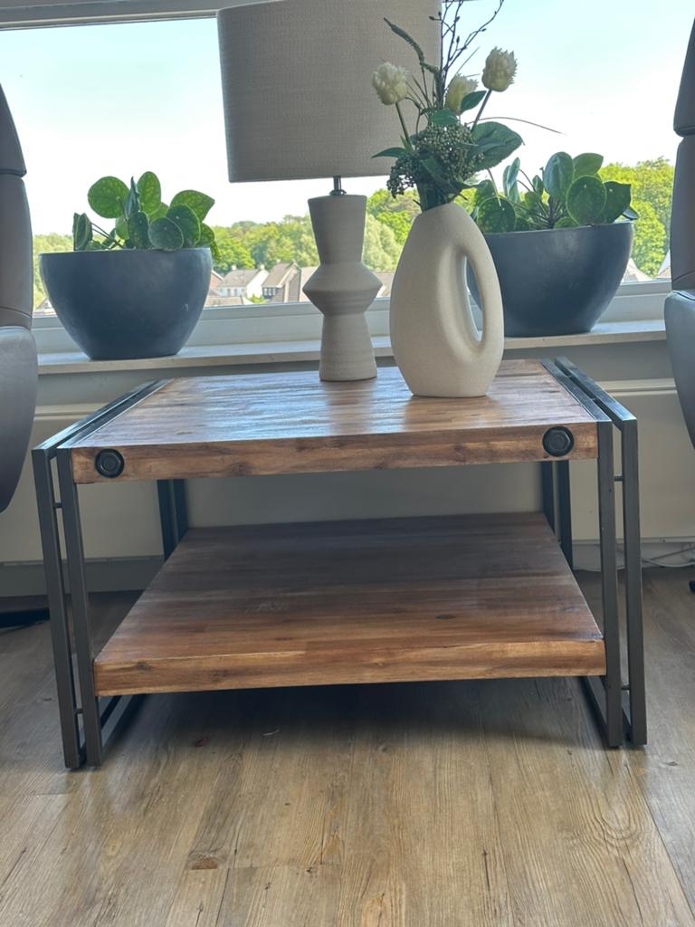 Salontafel vierkant mango hout industrieel, Huis en Inrichting, Tafels | Salontafels, Gebruikt, 50 tot 100 cm, Vierkant, Metaal