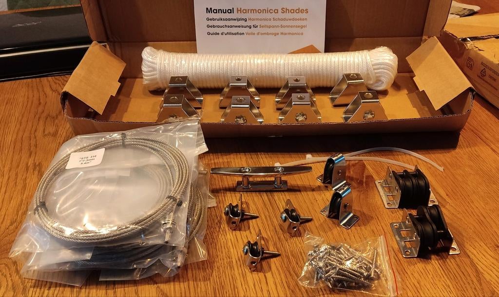 Staalkabel en katrol bevestigingset harmonicadoek 5x3.7m rvs, Ophalen, Nieuw