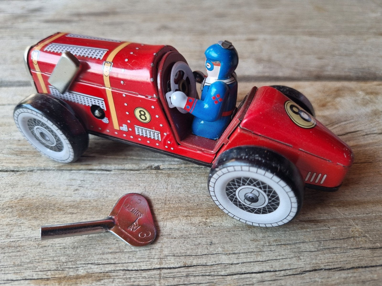 Vintage blikken raceauto met opwindsleutel, Made in China, Antiek en Kunst, Ophalen