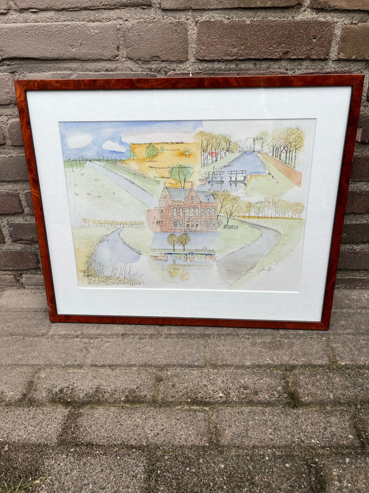 Ingelijste aquarel: Landschap met gebouw en water, Ophalen, Realistisch, Gesigneerd, Landschap
