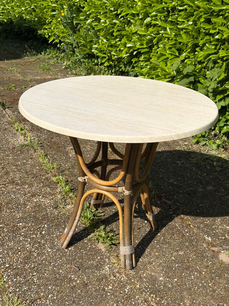 Ronde tafel met bamboe onderstel en stenen blad, Ophalen, Gebruikt, Rond, 50 tot 100 cm