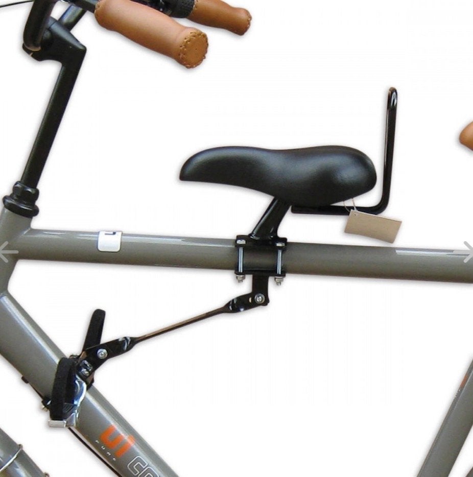 Zadel op stang herenfiets (kinderzadel), Ophalen, Gebruikt, Voorzitje, Voetsteuntjes