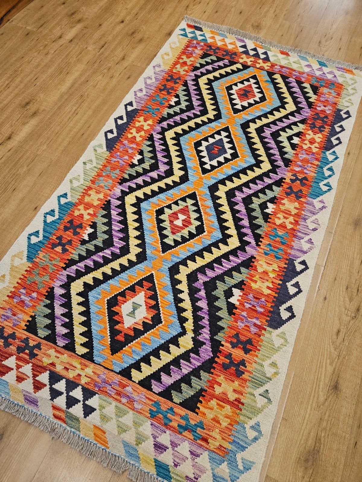 Handgeweven oosterse wollen kelim loper 197x103, Info@SlatsAntiek.nl, Perzisch, Vof Slats Antiek, Crème