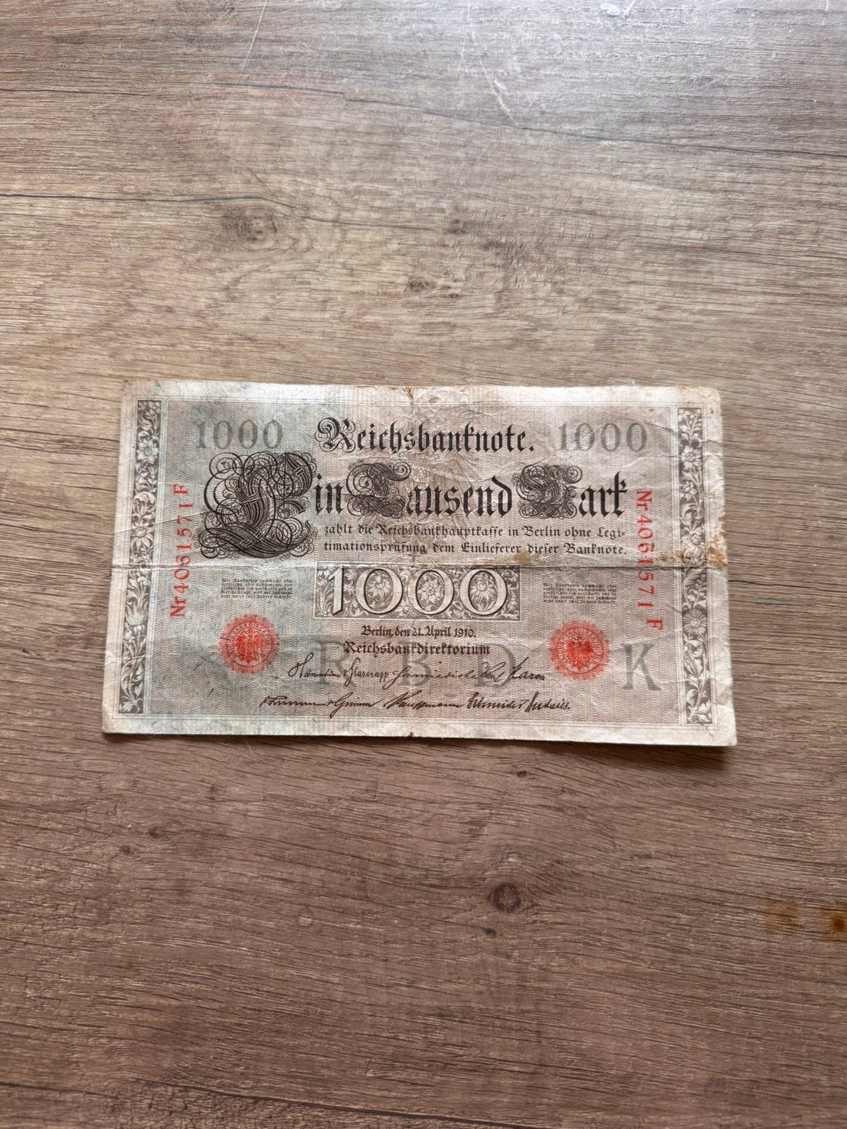 Originele 1000 Mark Reichsbanknote 21 April 1910 Nr.4061571F, Ophalen of Verzenden, Duitsland