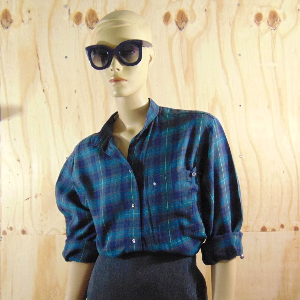 Vintage groen blauw turquoise geruite blouse maat 40, Maat 38/40 (M), Zo goed als nieuw, Vintage, Verzenden