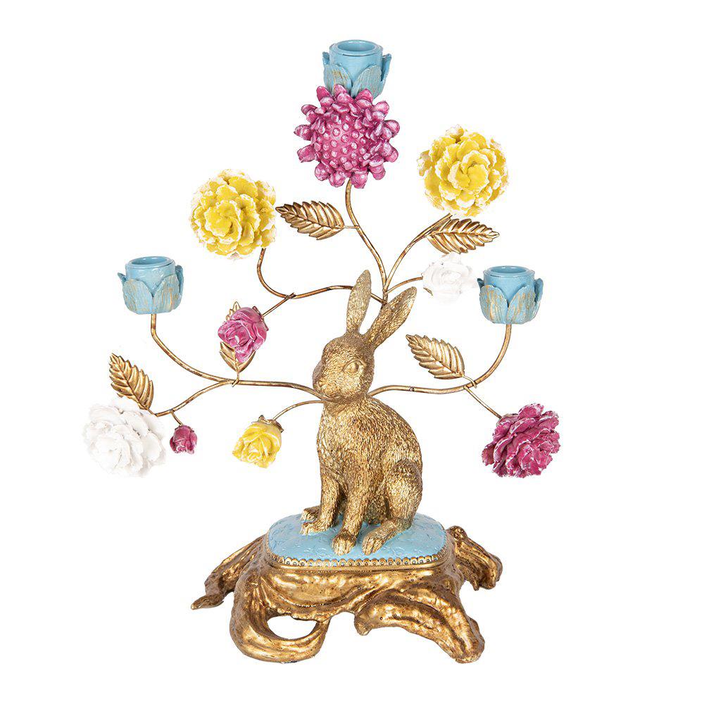 Clayre & Eef Pasen Konijn Kandelaar 37cm bloemen 6PR5086, Kunststof, Overige kleuren, 25 tot 50 cm, Nieuw
