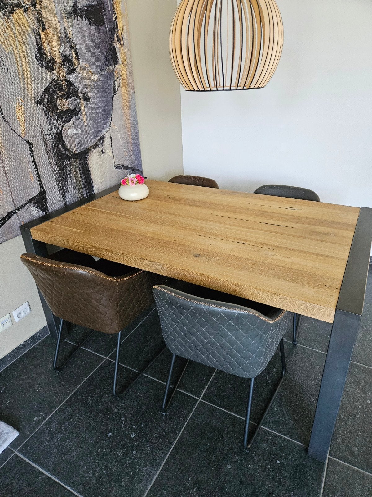 Vier stuks eettafel stoelen, kunstleder., Ophalen, Gebruikt, Grijs, Vier