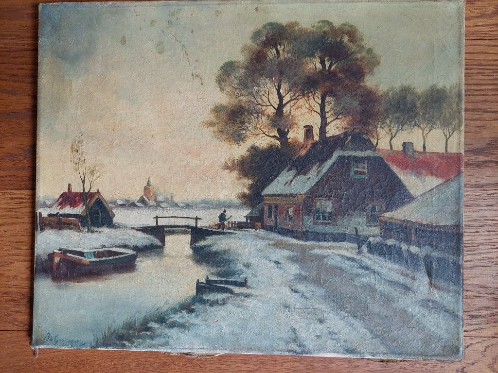 olieverf schilderij winterlandschap, Ophalen, Doek, Oud hollands, Gesigneerd