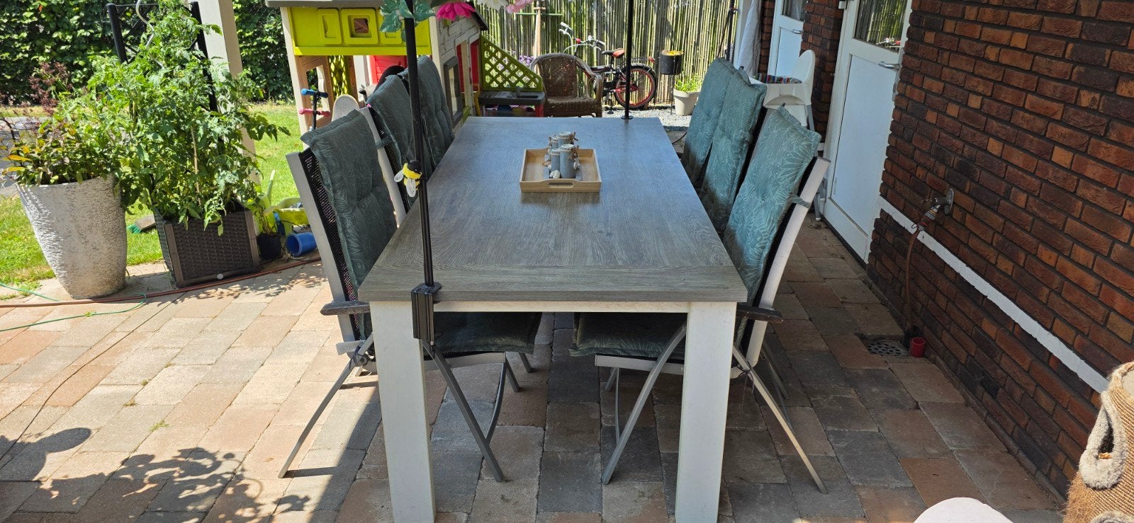 Eettafel 2.20 lang met 6 tuinstoelen incl. kussens, Ophalen, Overige materialen, Gebruikt, 6 zitplaatsen