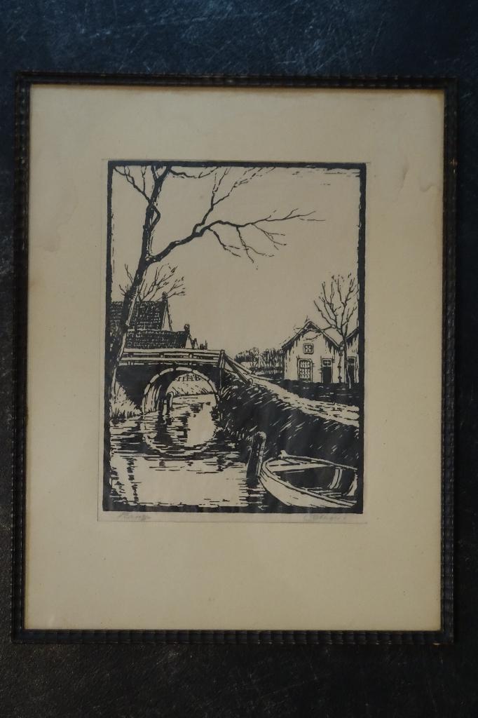 houtsnede brug Lange Houtweg in Loosduinen, C. Steiger 1930, Landschap, 1950 - 1999, Verzenden, Houtsnede