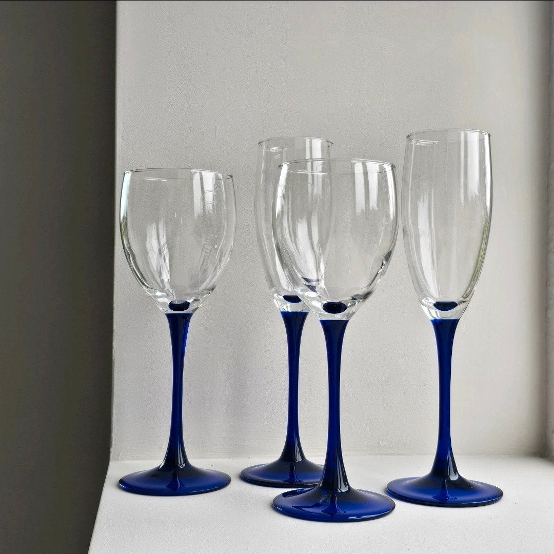 Set van 4 vintage Luminarc glazen – blauw – wijn & cham, Ophalen of Verzenden
