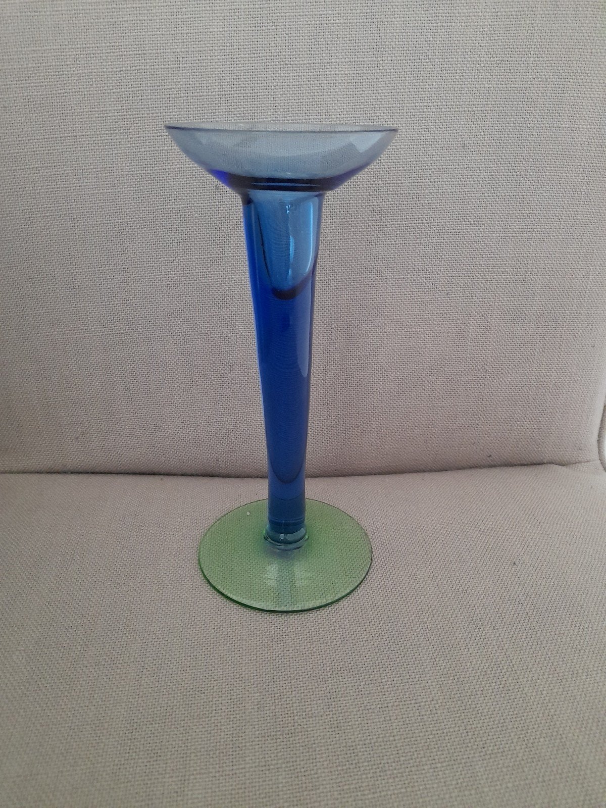 Glazen Kandelaar - Blauw met Groene Voet, Ophalen, Glas