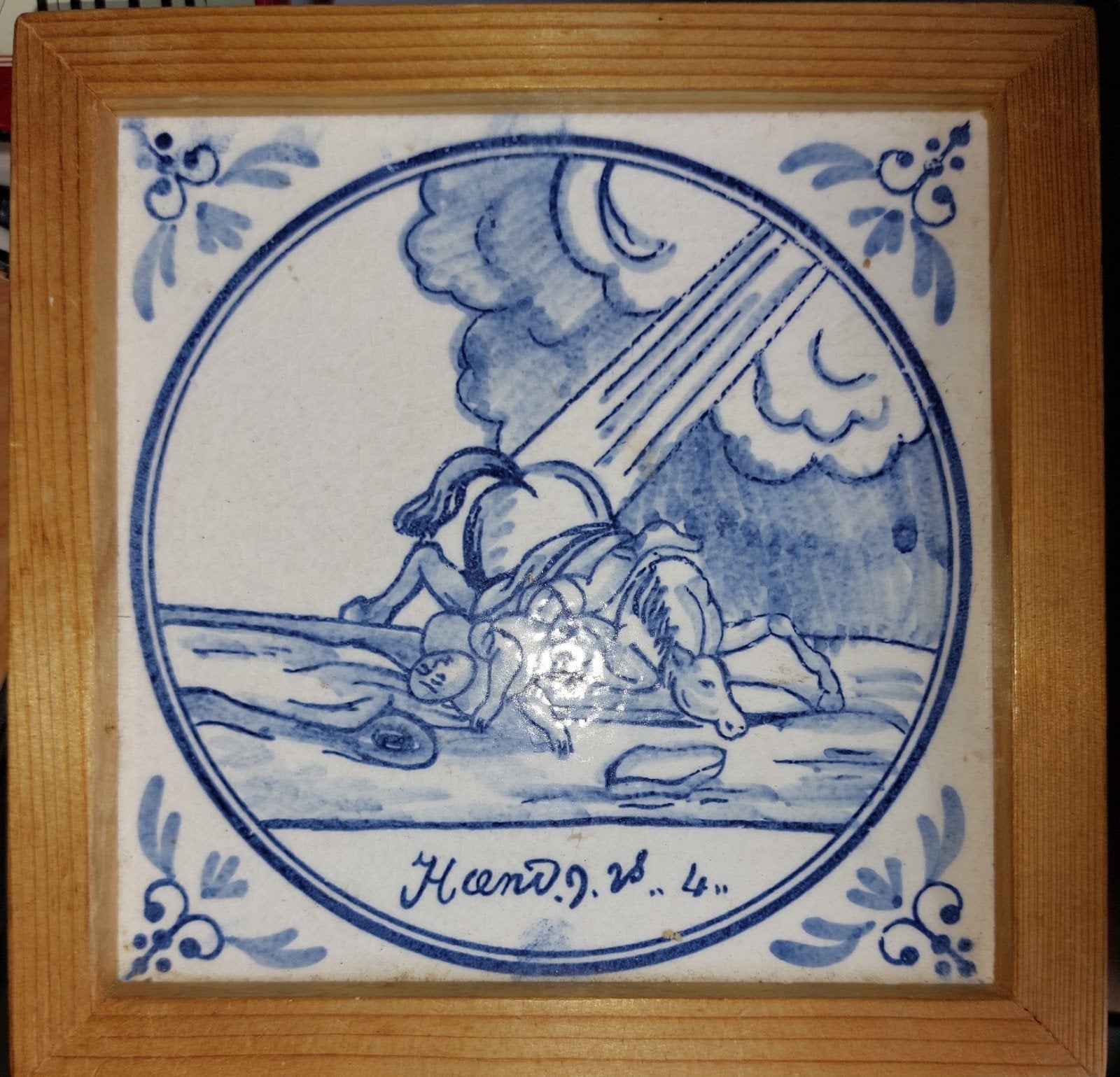 Delfts blauw tegeltje met Bijbelse voorstelling., Ophalen of Verzenden