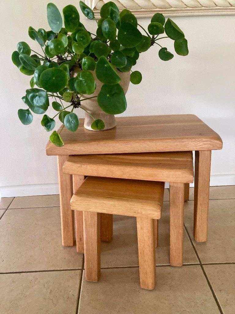 Vintage houten bijzettafeltjes mimiset brutalist eiken oak, Ophalen, -, -, 75 cm of meer