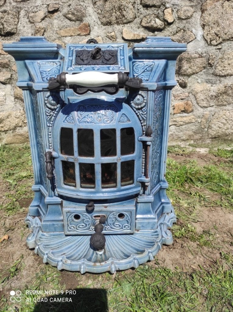 Prachtige grote blauwe emaille art-deco houtkachel, Ophalen, Gebruikt, Houtkachel, Vrijstaand