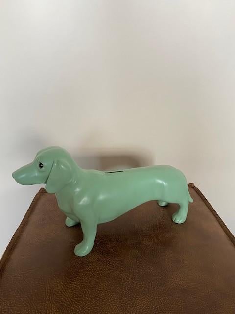 Grote mintgroene keramische spaarpot teckel 37 cm, Verzamelen, Spaarpotten, Ophalen of Verzenden, Zo goed als nieuw, Steen, Aardewerk of Keramiek