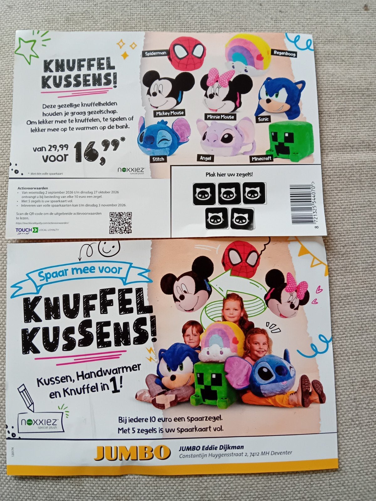 2 volle spaarkaarten knuffelkussens: Spiderman, Mickey, Stit, Ophalen