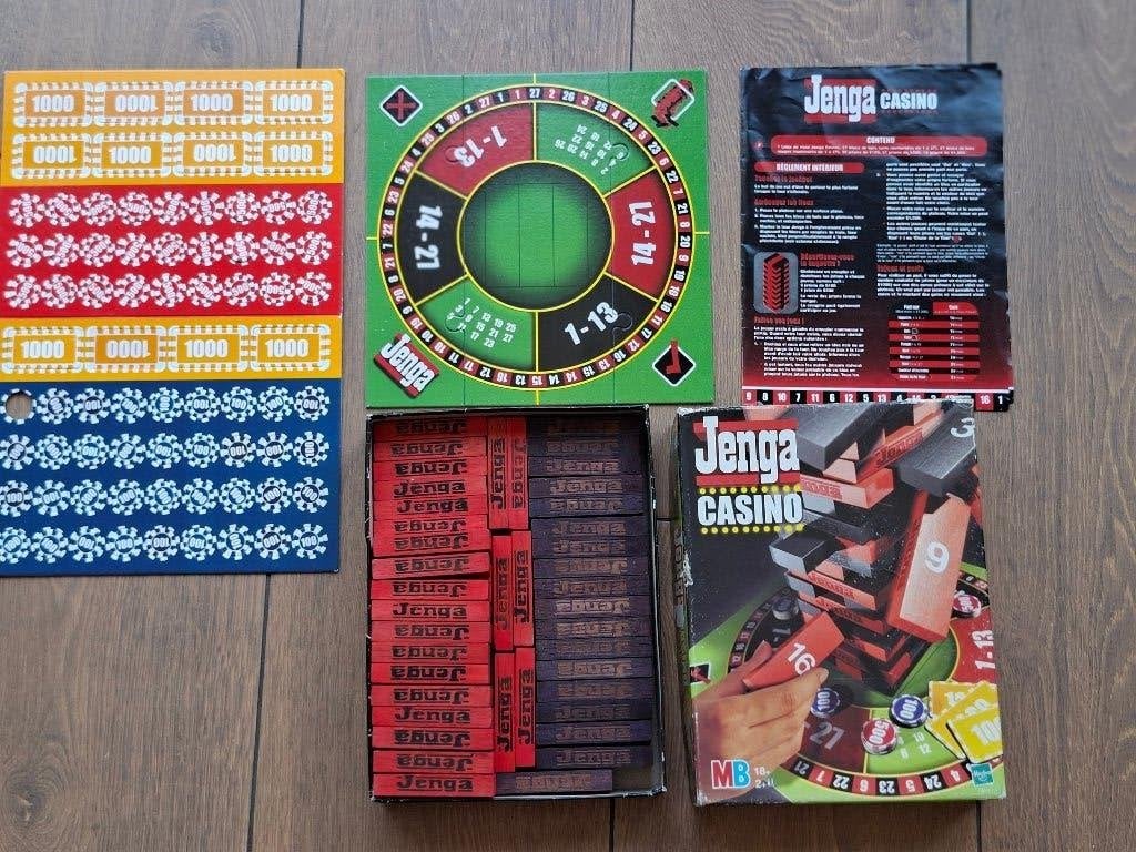 spel jenga Casino MB. Hasbro. Met spelregels. Mist 1 fiche., Vijf spelers of meer, Ophalen of Verzenden, Zo goed als nieuw, Hasbro