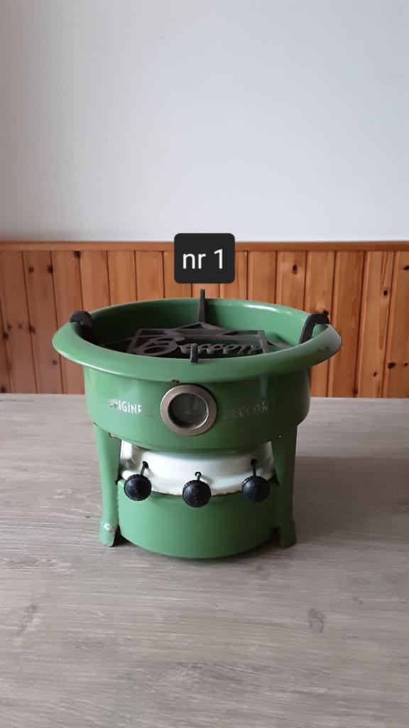 EMAILLE GROEN 3 PITS PETROLEUMSTEL MERK BECCON., Antiek en Kunst, Ophalen of Verzenden