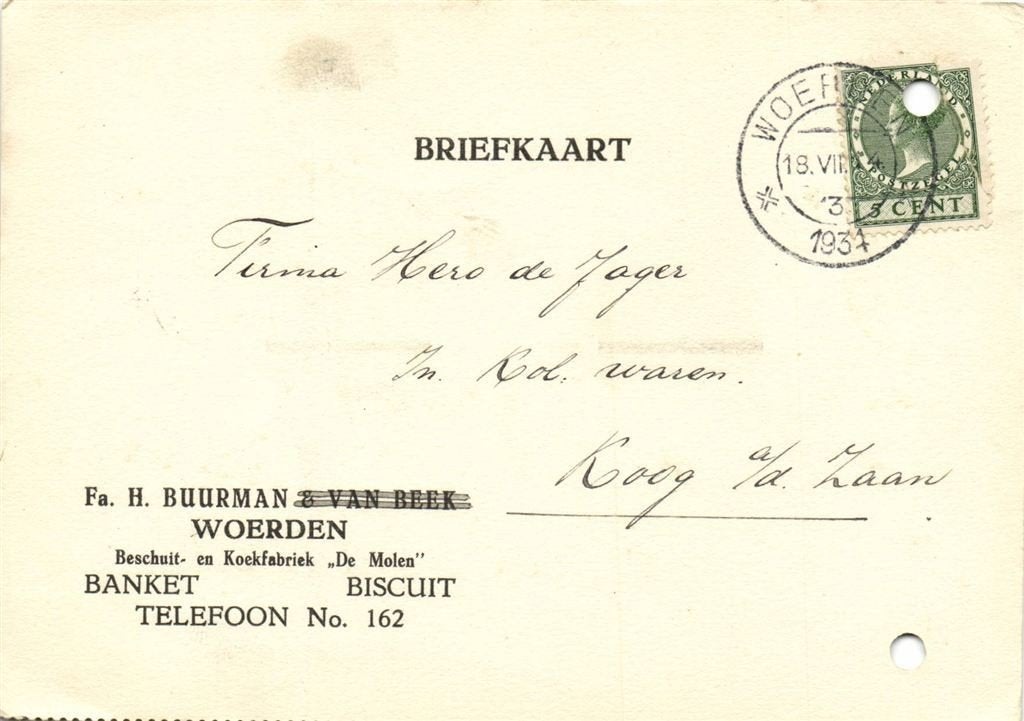 Fa. H. Buurman en van Beek, Woerden - 07.1934 - briefkaart, Postzegels en Munten, Ophalen of Verzenden, Briefkaart