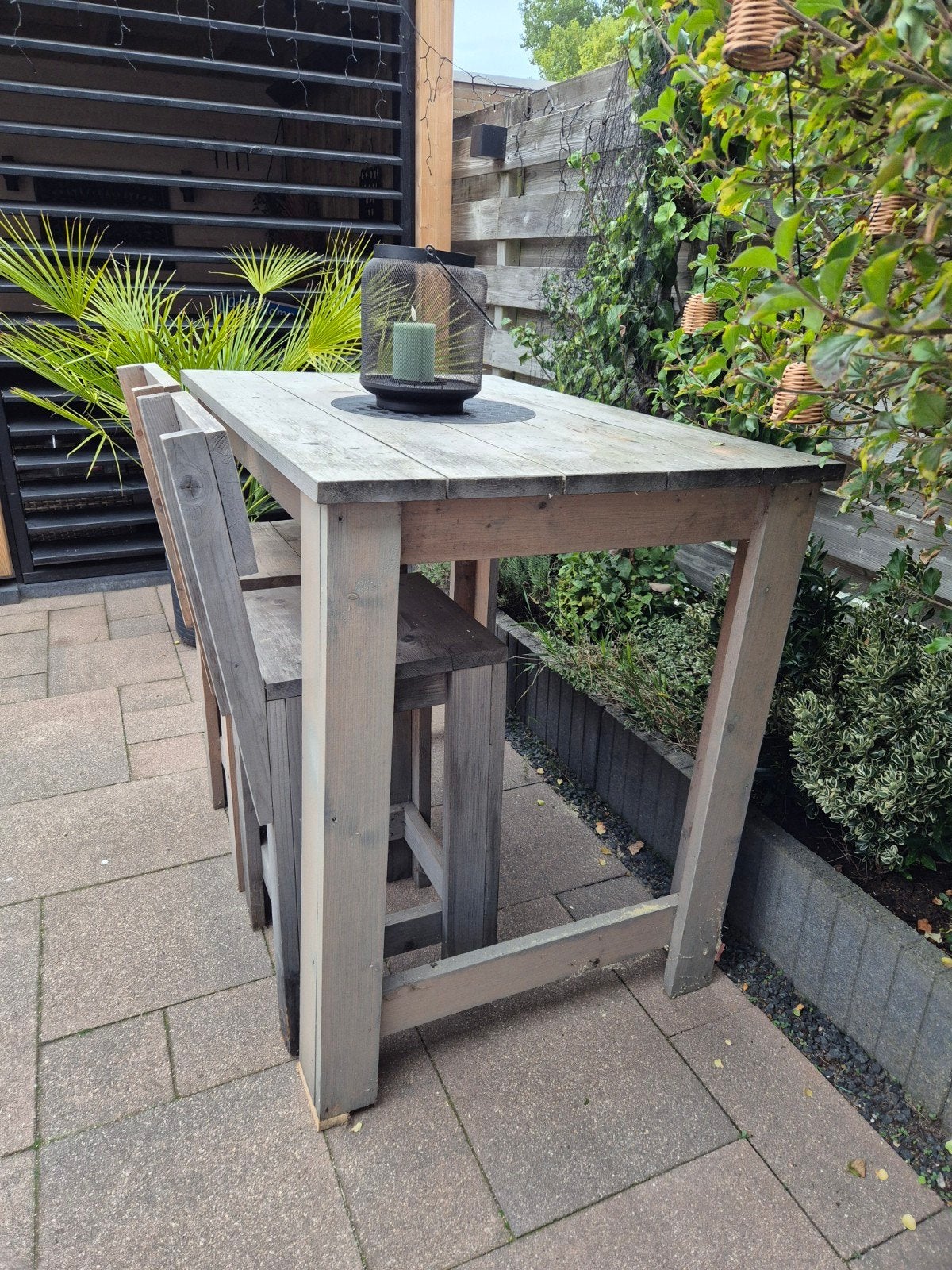 Houten bartafel met 2 barkrukken voor buiten, Ophalen, Gebruikt, Rechthoekig, Hout