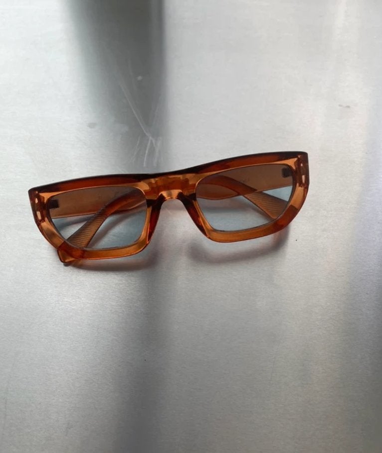 Cognac thick sunglasses with blue lenses, Overige merken, Gebruikt, Zonnebril, Bruin