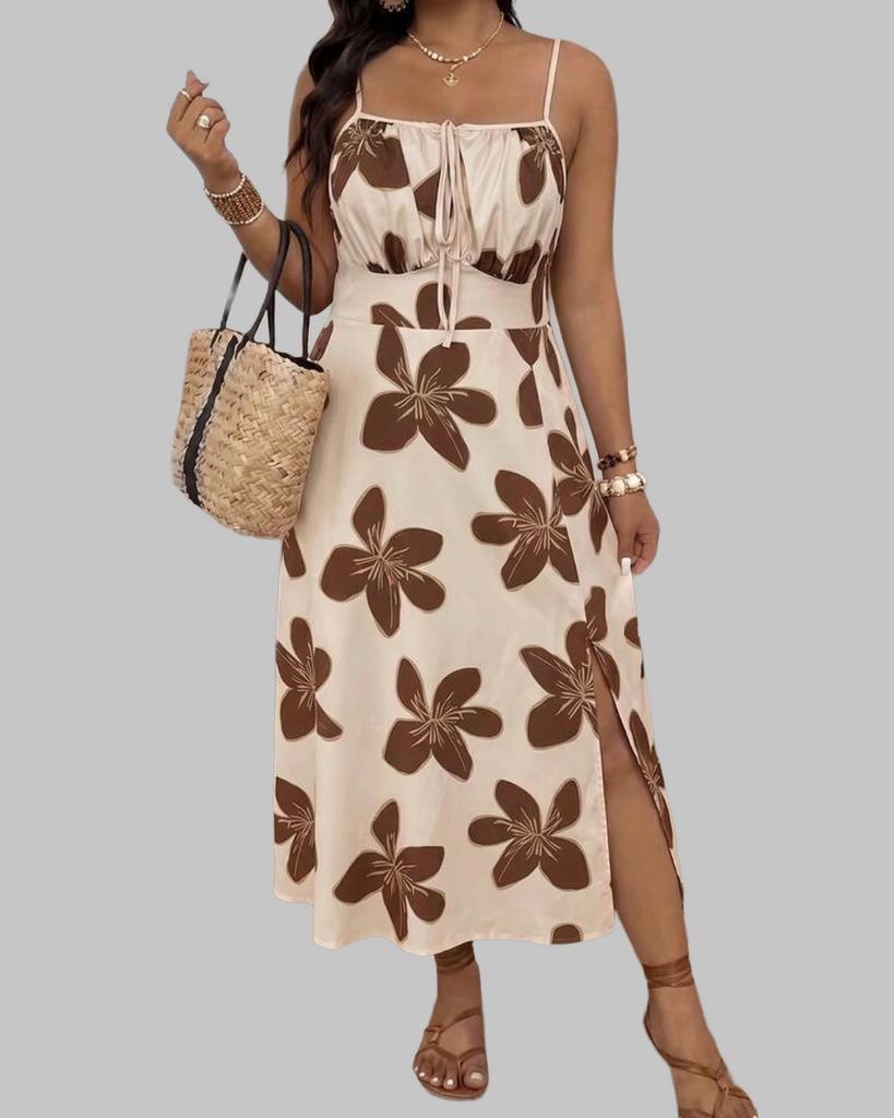 Zomerse bloemenjurk met split - Beige/Bruin (44-52), Verzenden, Nieuw, Beige, Jurk