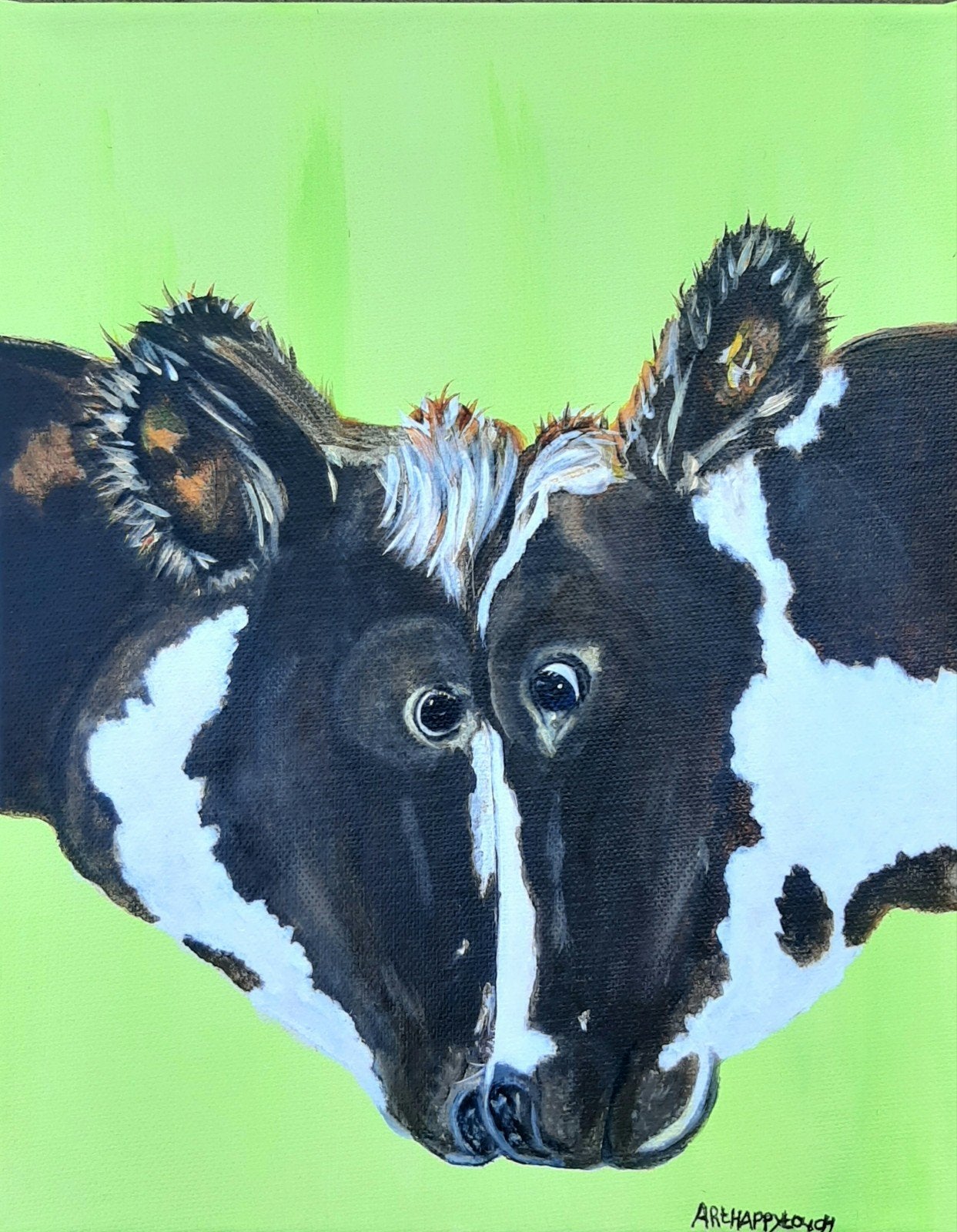 Schilderij Koeien Knuffel in vrolijk acryl op canvas, Ophalen of Verzenden, Acrylverf, Dieren