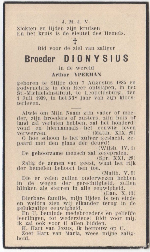 Broeder Arthur Yperman 1885 Slijpe + 1939 Leopoldsburg, 53 j, Verzenden