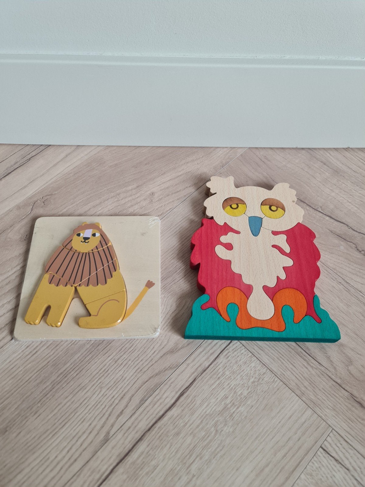 Houten inlegpuzzels: Leeuw (Hema) en Uil, Nieuw, Ophalen of Verzenden, Van hout, Minder dan 10 stukjes