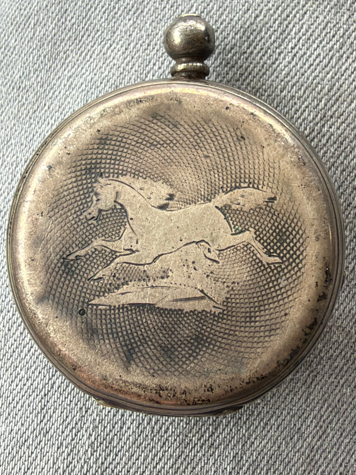 Antiek Zilveren Zakhorloge met Paardengravure + Sleutel, Ophalen of Verzenden, Zilver, Overige merken