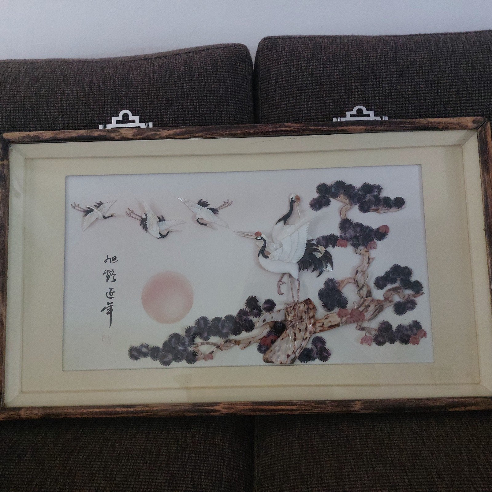 Reliëf wanddecoratie met kraanvogels, schelp en parelmoer, Ophalen of Verzenden