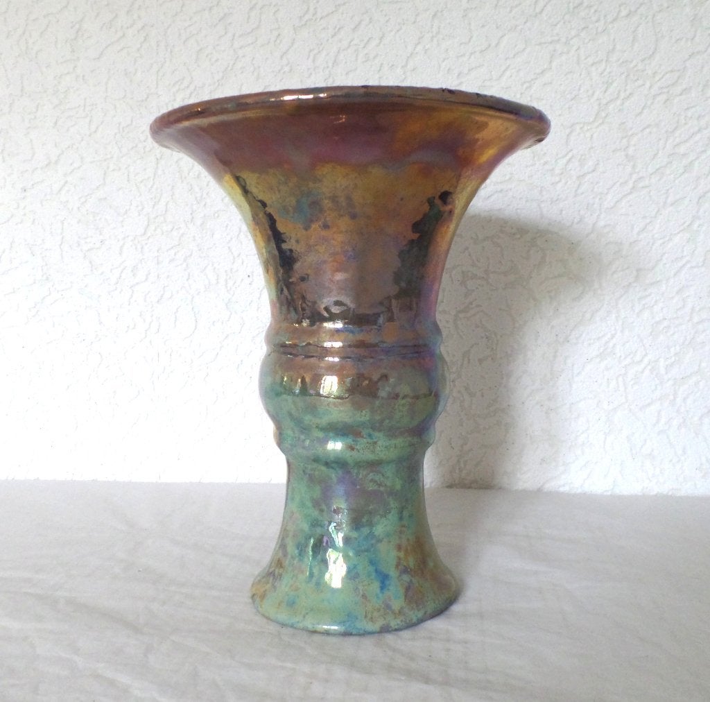 Mobach Kamo 1925 lusterglazuur bloemen trompet vaas, Antiek en Kunst, Verzenden