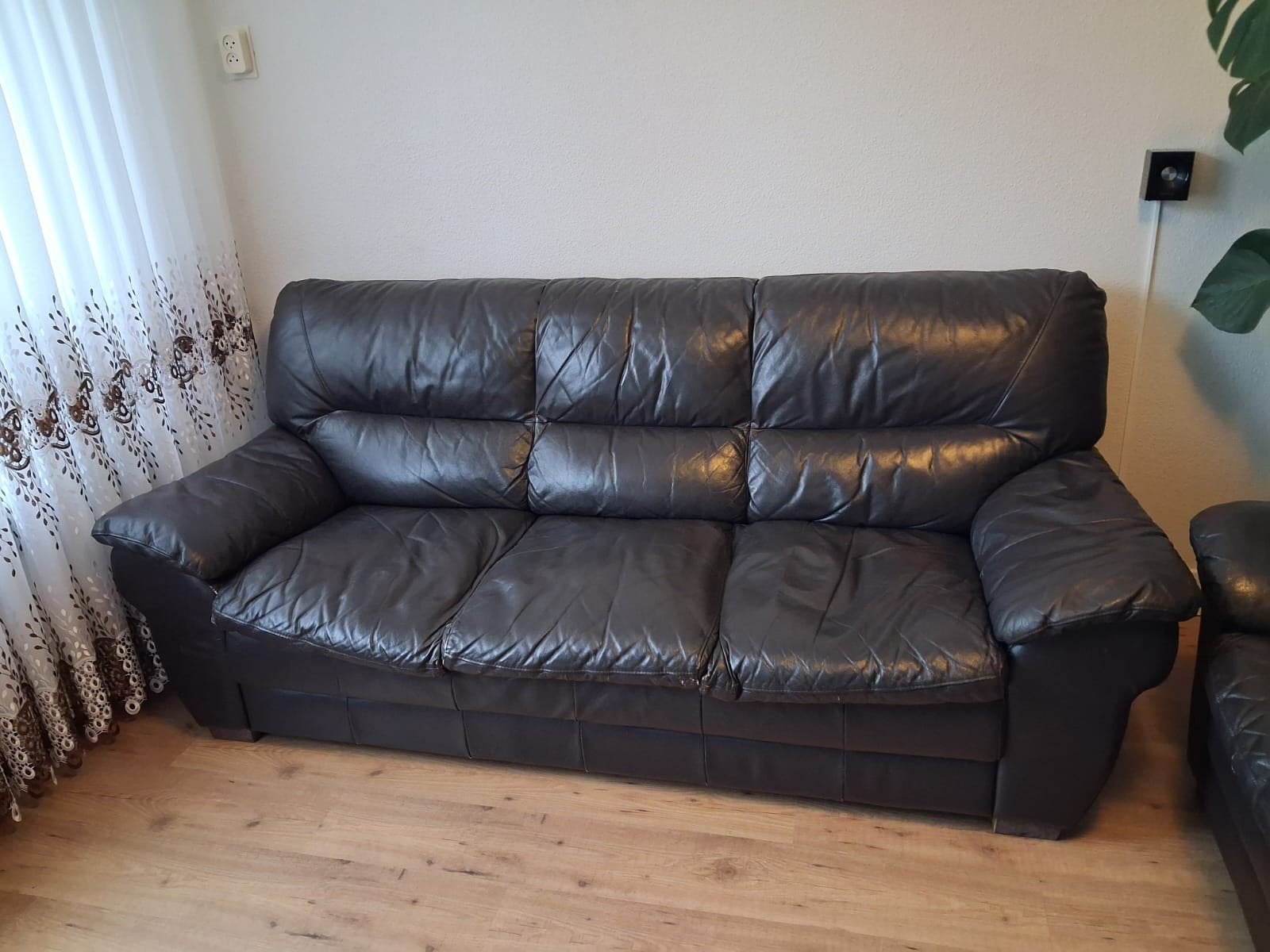 Bruine leren bankstel (3-zits en 2-zits), Ophalen, Gebruikt, Rechte bank, 200 tot 250 cm
