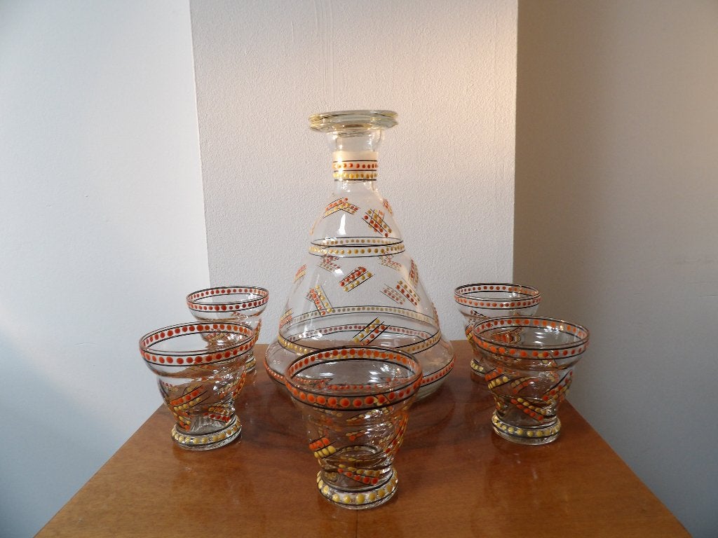 Art Deco Likeur Set - Boheems, Oranje/Geel Emaille, Ophalen of Verzenden